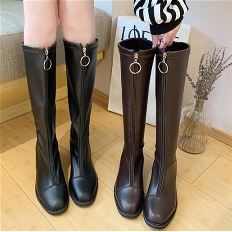

Autumn 2021 New Women on the Knee High Fashion Comfortable Anti-slip Front Shawl Dshallow-proof Water Shallow Mouth Thin Boots QKWI, Brown.