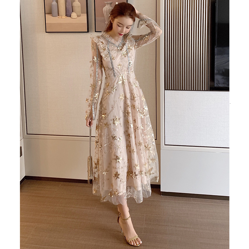 

New Star Sequins Embroidered Woman with Cleavage Full Sleeve Bing Mesh Elegant Party Long Female Dress Fall 2021 5v7k, Apricot.
