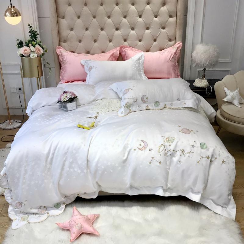 

White Blue Pink Starry Sky Embroidery Satin Like Silk Cotton Fitted Set Duvet Linen Cover Jacquard Sheet Bedding Pillowcases Bed