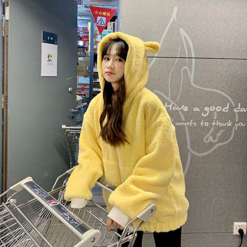 

2021 Autumn Winter Japanese Cute Bear Lamb Plush Jacket Female Yellow Loose Clothes Women Clothing Oversized Ladies Coats Kawaii