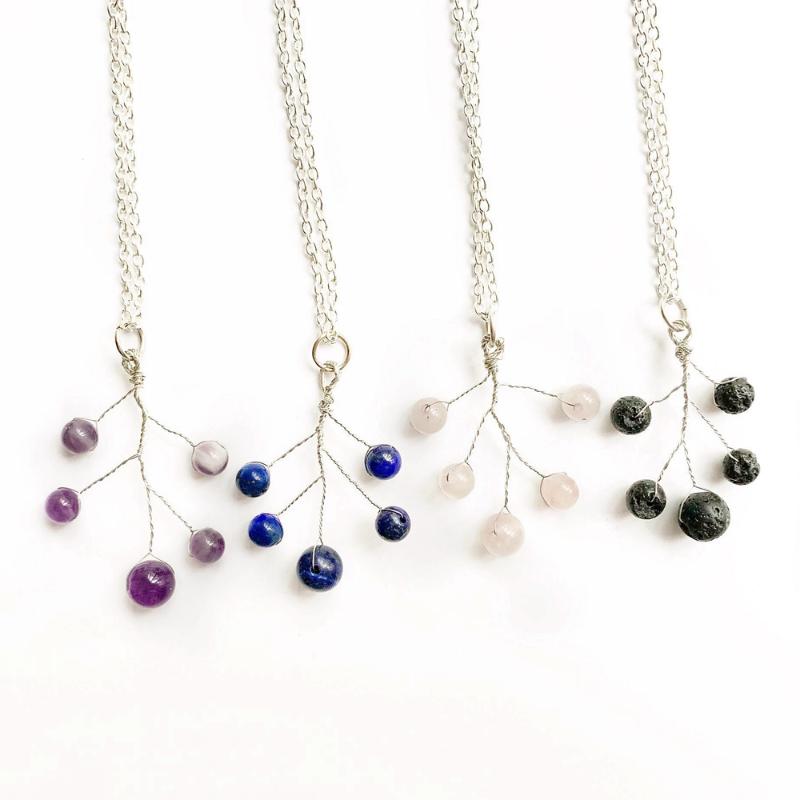 

Bhuann Lava Rock Beads Lapis Lazuli Stone Quartz Beads Copper Wire Wrapped Tree Pendant Necklace Silver-color Chain Dropship 1pc