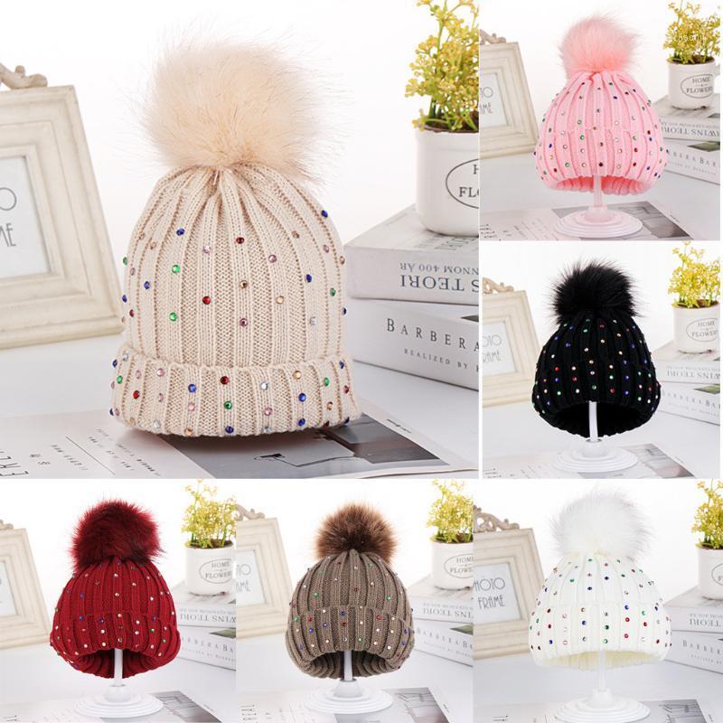 

Children Baby Knitting Wool Hemming Hat Keep Warm Winter Hiarball Rhinestone Cap Knitted Cute Cap Elasticity For Kids#p301