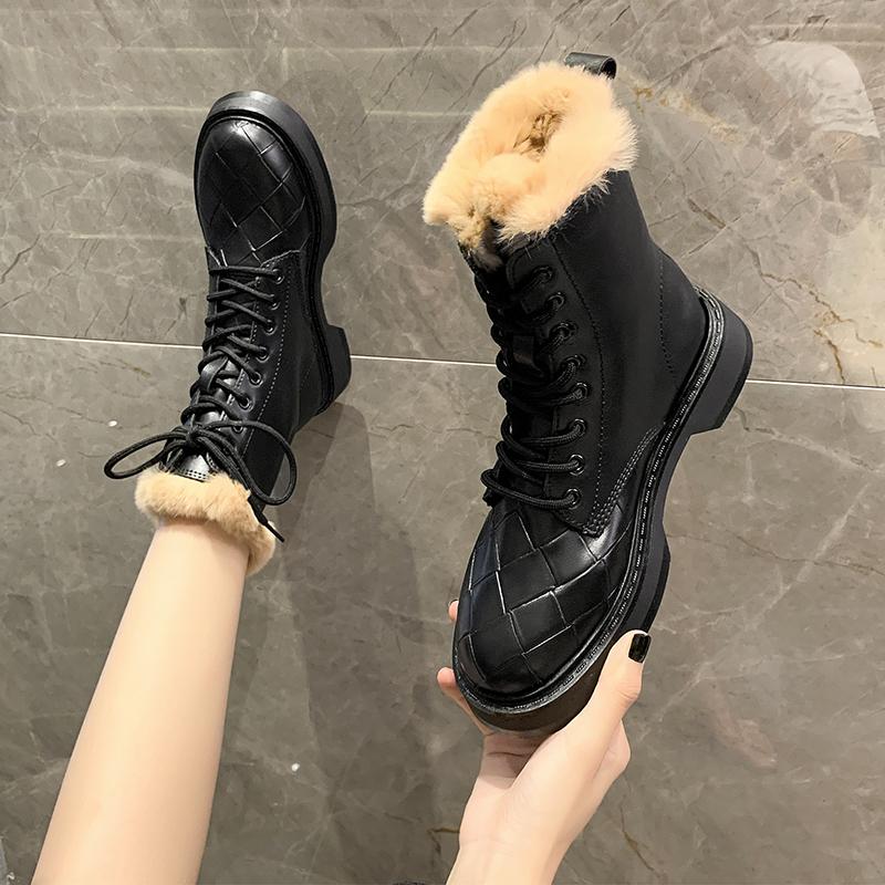 

Woman Flat Boots Booties Ladies Shoes Round Toe Winter Footwear Boots-women Lace Up Low Rock Mid Calf Black Autumn Rubber 2020