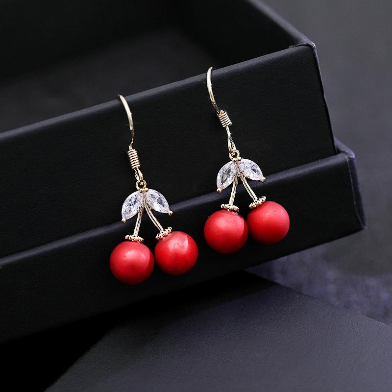 

Sweet Cute Cherry Earrings For Women Luxury Opal Stone Hook Earring 2021 Design Luxury Fruit Dangler Jewelry