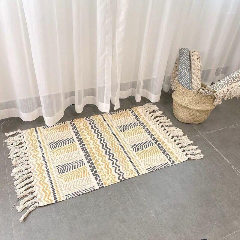

Hand Woven Cotton Linen Carpet Tatami Bedroom Bedside Rug Geometric Floor Mat Living Room Book Room Sofa Pad Foot Pad1