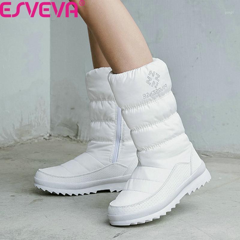 

ESVEVA 2020 Winter Warm Fur Zipper Snow Boots Platform PU Leather Down Mid Calf Boots Wedges Round Toe Women Shoes Size 36-411, Black