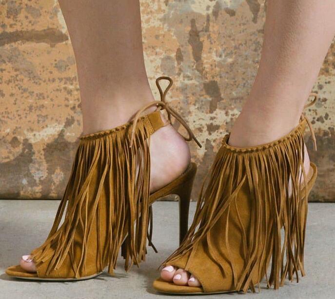 

Drop Shipping Summer Women Yellow Black Solid Color Fringed Tassel Peep Toe Lace Up Back Stiletto Heel Dress Party Pumps Lady