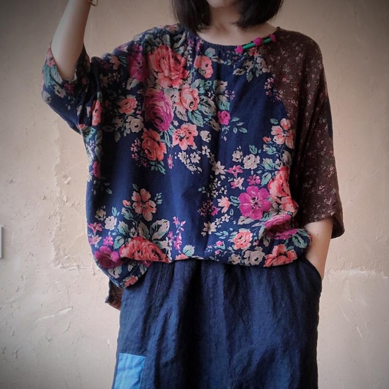 

Johnature 2020 Summer Patchwork Print Blue Flower Top New O-Neck Vintage Half Sleeve Cotton Women Casual All-match Loose T-shirt