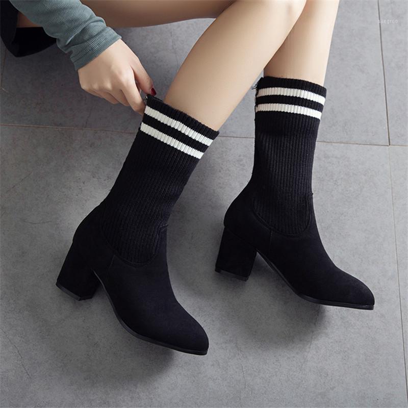 

2020 Sock Boots Fashion Women Shoes Knitting Square High Heel Women Ankle Boots Pointed Toe Big Size 31-441, Black