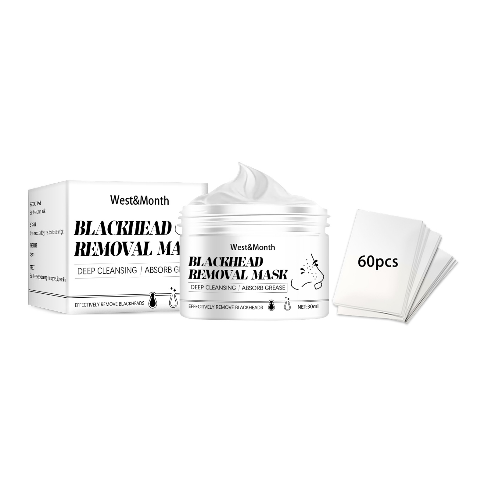 Free freight West&Month Blackhead removal nose mask with 60 sheets of paper to suck blackheads to remove acne and clean pores-image-751462926
