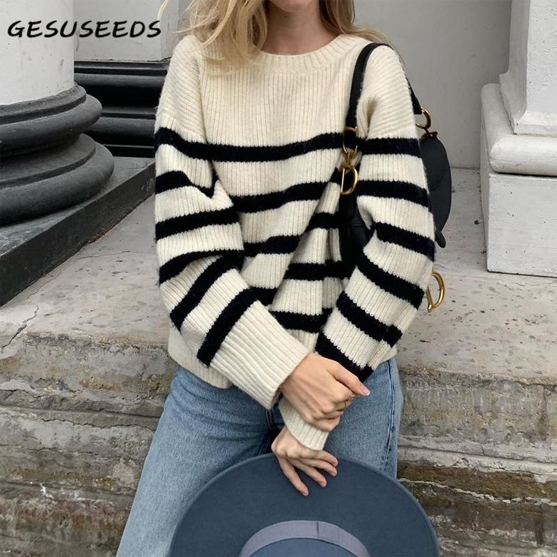 

Casual sweater women 2020 autumn pullover white black striped sweater loose long sleeve pullover o neck vintage knitted