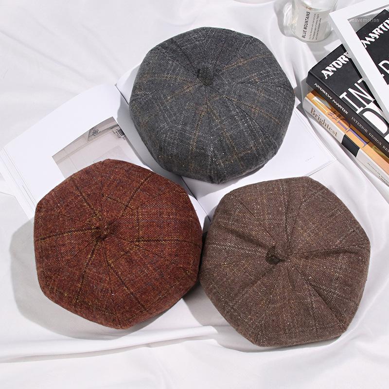 

New hat ladies plaid fashion outdoor leisure art painter hat Casual street personality octagonal1, A-211 lattice black