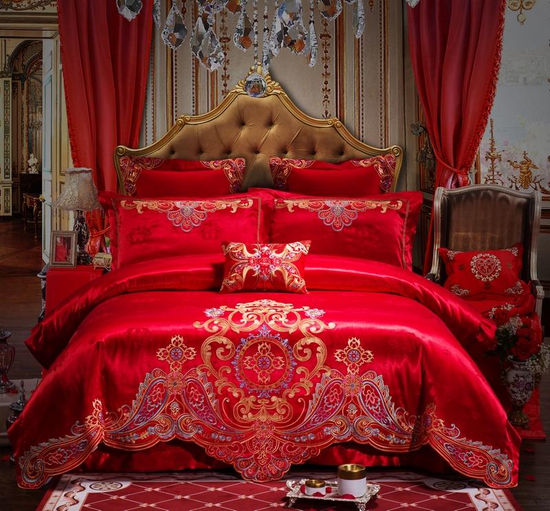 

4PCs Luxury Embroidery stripes sheet pillowcase&duvet cover sets,Wedding royal style 4pcs bedding sets red bed linens, As pic