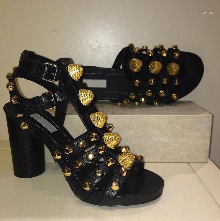 

Fashion Golden Studs T-Straps Ladies Sexy Chunky Heel Dress Shoes Open Toe Women Ankle Buckles Sandals Roma Style High Heels1, Brown