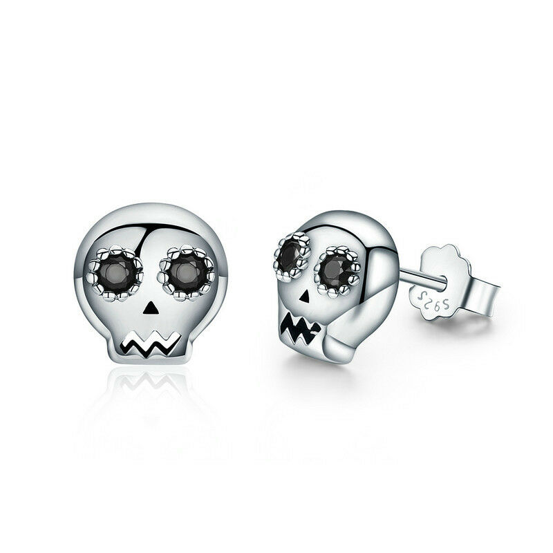 Vintage Real 925 Sterling Silver Black CZ Skull Design Charm Stud Earrings Cool Jewelry-image-605761857