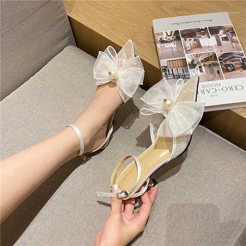 

Pointed Thin-heeled Mesh Mesh Single-shoe Wedding Shoes Fairy Wind High-heeled Back Empty Bow Sandals1, White