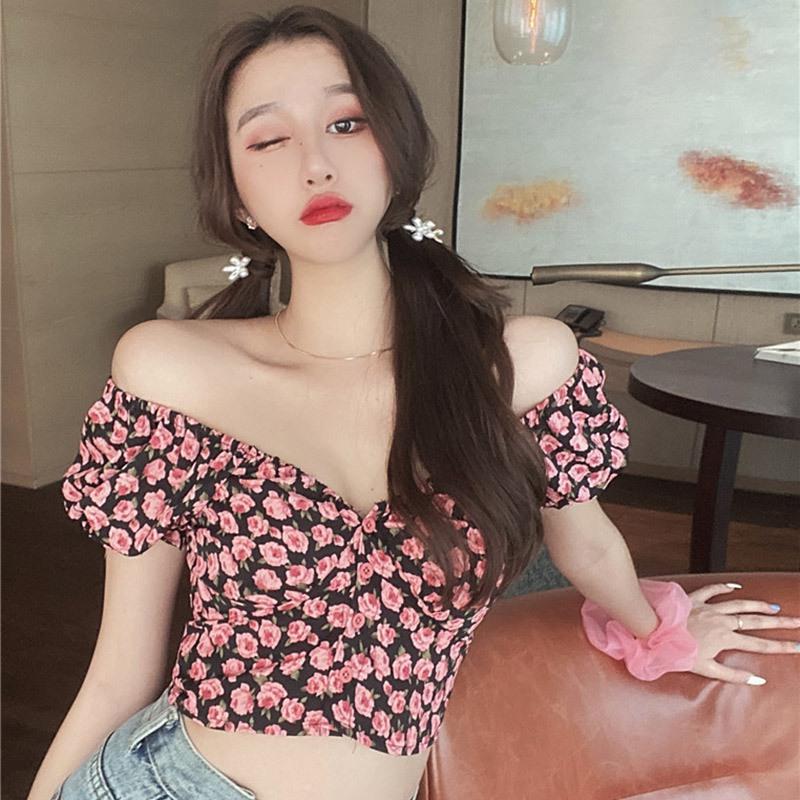 

Harajuku Floral Print V-Neck Blouse Women V-Neck Sweet Short Sleeve Chiffon Short Blouse Dropshipping