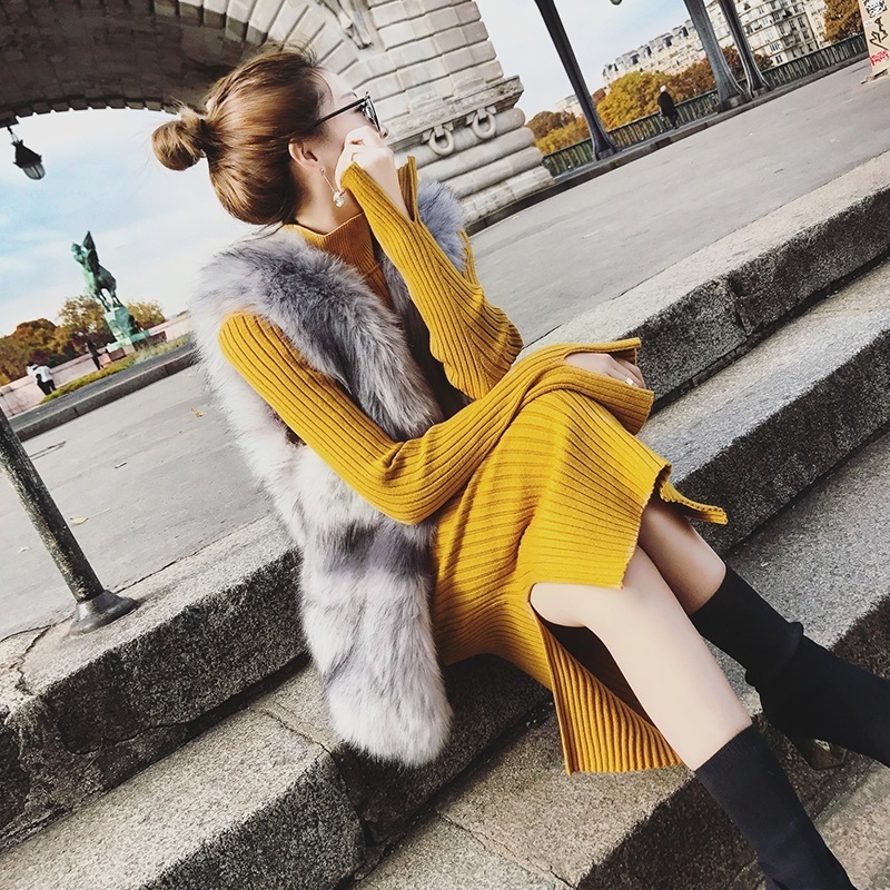 

Turtleneck Women Long Sleeve Split Hem Sweater Dress Women Casual Slim Autumn Winter Dress Female Yellow Knitted Dress With Belt 201110