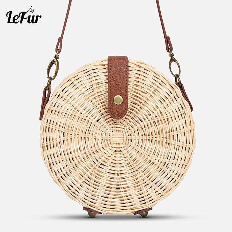 

LEFUR 2019 New Women Straw Bag Handmade Summer Rattan Handbag Round Female Pouch Casual Beach Pocket1, Sky blue