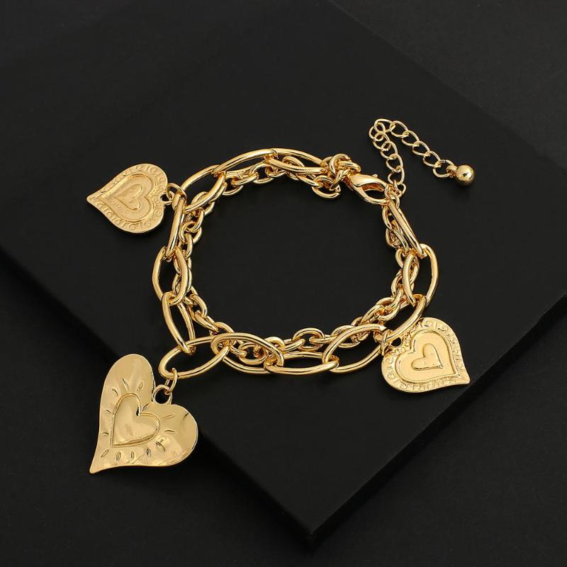 

ALLYES Gold Color Punk Carved Love Heart Pendant Bracelets Bangles Multilayer Chain Bracelet Couple Jewelry Valentine's Day Gift