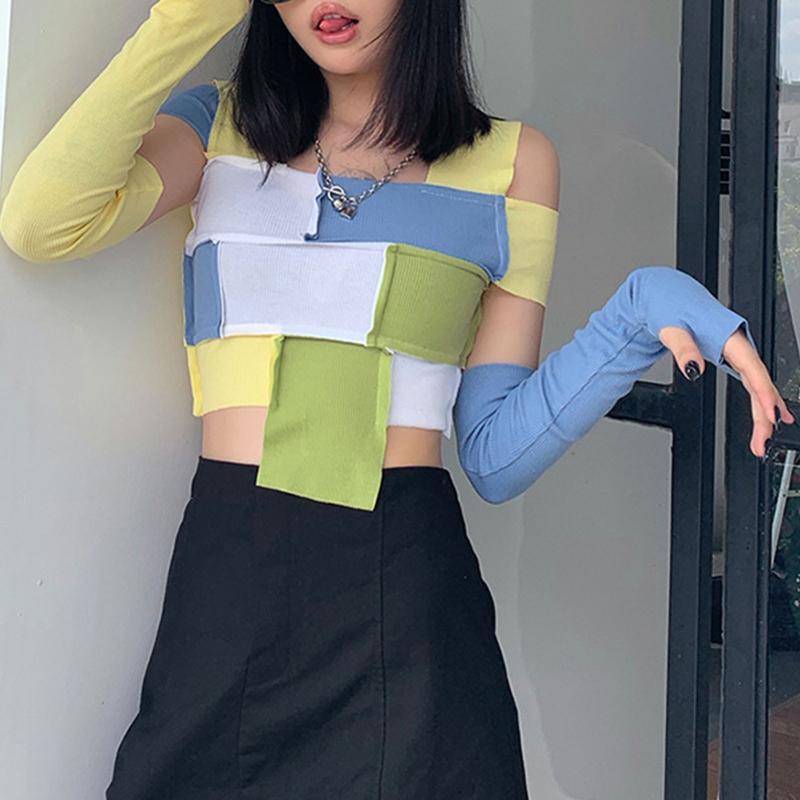 

Women's Splicing T-Shirt Tops Square Collar Strapless Slim Navel Long Sleeve Shirt Summer Casual Fashion Ladies Clothing, As shown