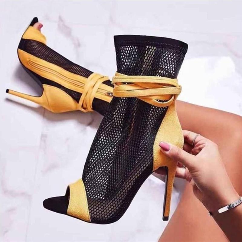 

Mesh Upper Women's Summer Short Boots Ladies Stiletto High-heeled Ankle Boots Women Peep toe Patchwork Sandals Pumps, Black