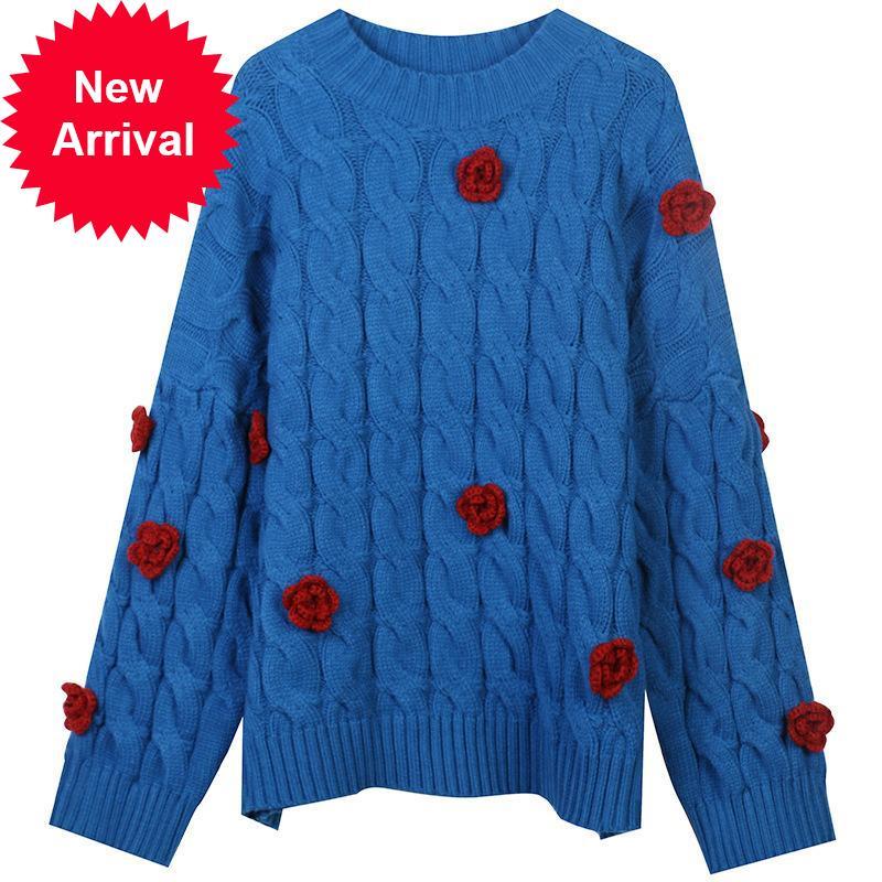 

2021 New Autumn New Trend Female Sweater Bloom Long Sleeve Blue Neck Knit Pullovers Fashion Casual Tops Qa6k, Beige