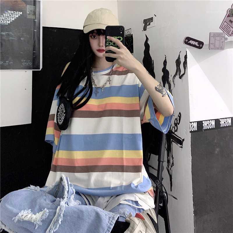 

Sweet Soft Girly Harajuku Rainbow Stripe Printed Fairy Women T-Shirt For Tops 2020 Summer Cute O-Neck Woman Man Tee Shirt Female1, Pink