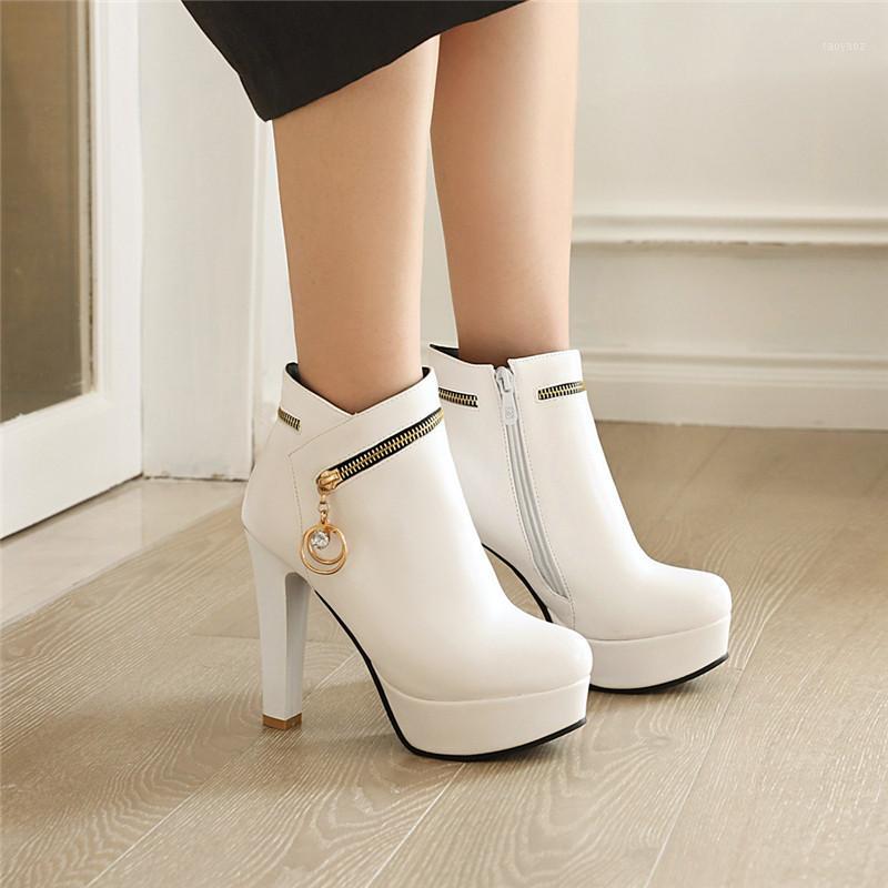 

YQBTDL Fashion Platform Spike High Heels Ankle Boots Female Pink Black White Wedding Party Bride Shoes Autumn Winter Booties 431, Beige