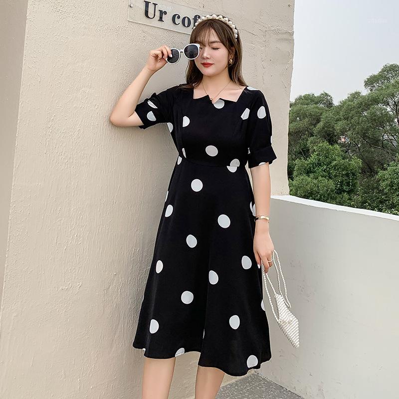 

Women's Summer Polka Dot Square Collar Puff Sleeve Commute Dress Large Size Knee Length Casual Wear 100kg Can Wear1, Black