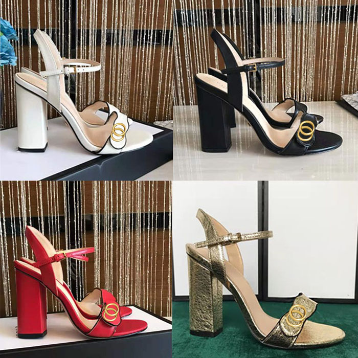 

Classic High heeled sandals party 100% leather women Dance shoe designer sexy heels 10cm Suede Lady Metal Belt buckle Thick Heel Woman shoes Large size 35-41-42 With box