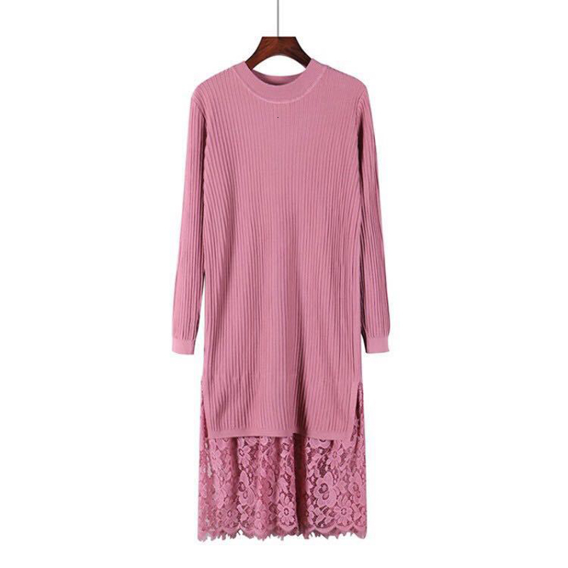 

2021 New Lace Stitching Sweater Women Autumn Winter Long Straight Knitted Dresses Maxi Retro Lady Ribbed Robe Pullover Dress 2a19, Pink