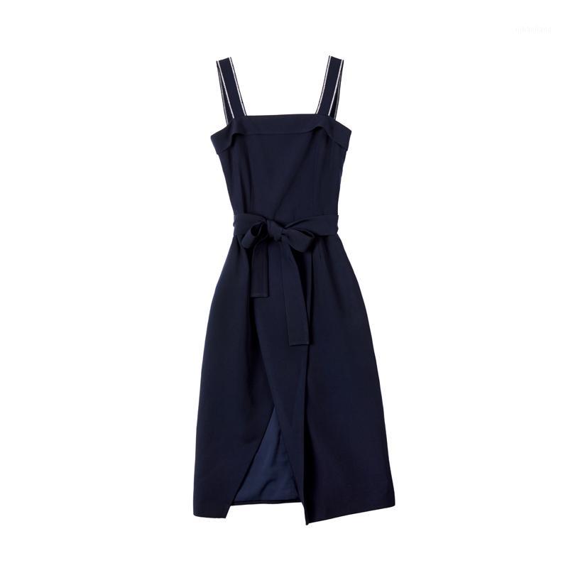

YASUGUOJI New 2019 Summer Office Lady Fashion Vinage Solid Color slim Empire Dress Women Spaghetti Strap Long Dresses Women L0221, Navy blue 8855