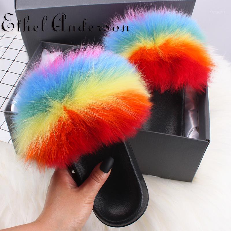

Women Fur Slides Summer Shoes Home Ladies Luxury Real Raccoon Furry Plush Slipper Indoor Female Sandal Fluffy Cute Lady Shoe1, Red