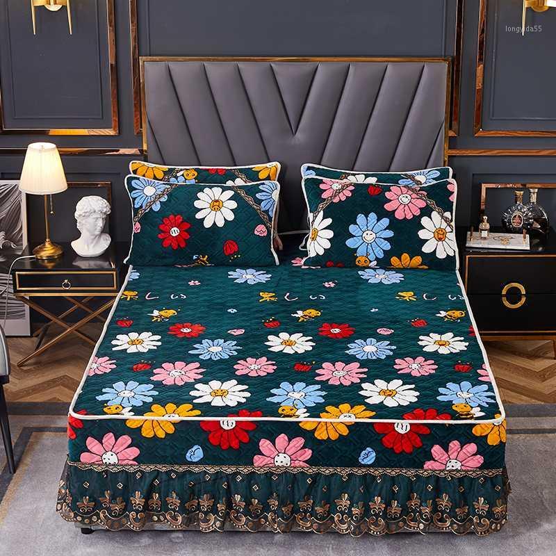 

Quilted Sheet&pillowcase Set 3pcs/set Flannel Fleece Thicken Bed Skirt+2 Pillowcase Padded Cover Winter Ruffles1 Bedding Sets, Wish tree