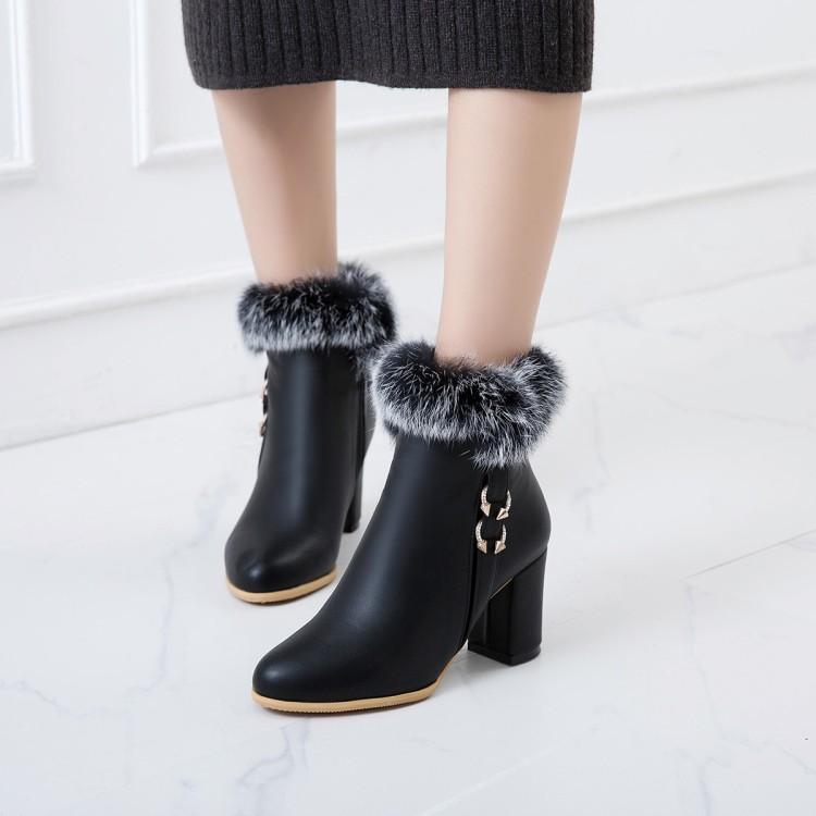 

Big Size Ma'am Coarse heel Short boots Pure color Metal decoration Boot barrel High heel boots, Beige