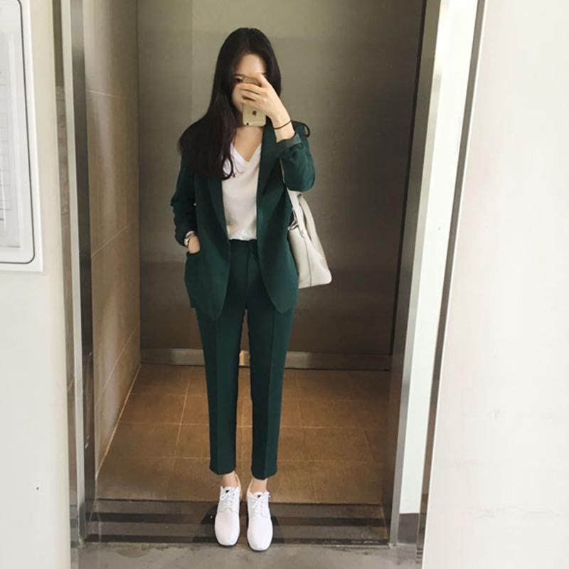 

Autumn 2020 New Pure Color jackets and pants Women's Suit Outerwear Shortpants Two-piece Suit office lady set1, Amygreen