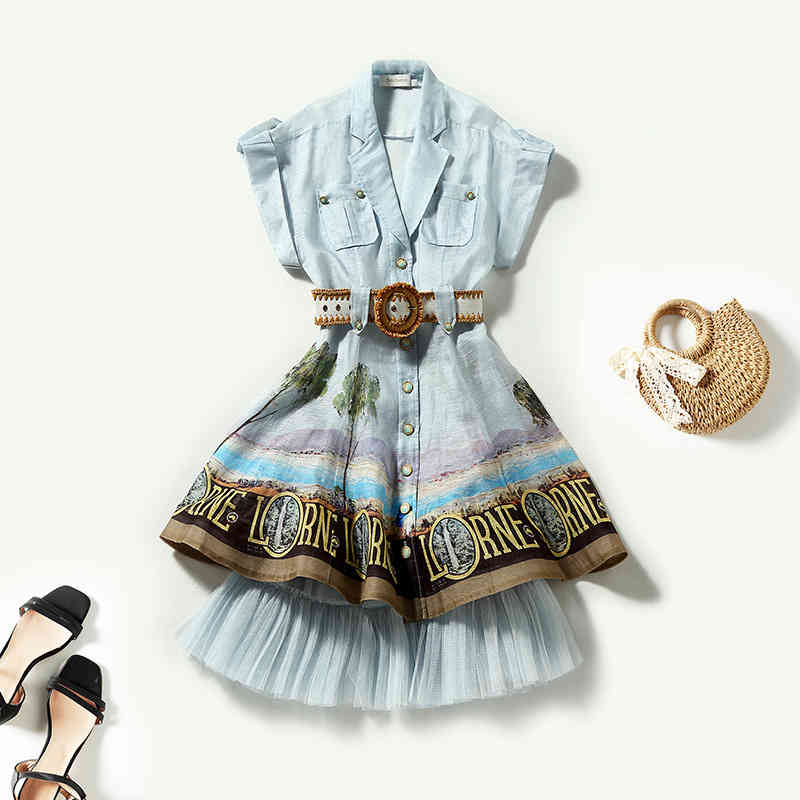 

Casual Dresses spring linen printing belt lady dress middle skirt shirt set Shenzhen Nanyou high end women' wear 2ZOI, Blue