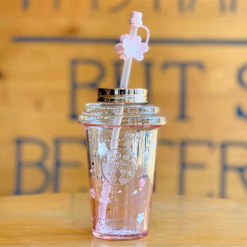 New Starbucks sakura pink Gradient Glass straw cup 16oz Cherry blossom season Glass Coffee mug with Petal dust plug-image-754087963