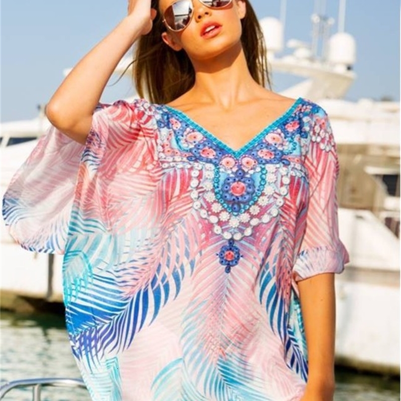 

New cover up for women cotton impression European and American chiffon bat lets holiday shirt summer I6ZW, Sky blue