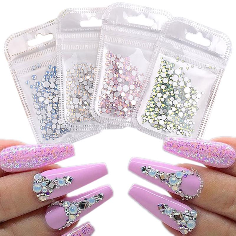 

1 Bag Nail Rhinestones AB Color Opal Jelly Pink White Mixed Size Flat Back 3D Tips DIY Nail Art Decorations Crystals Stones