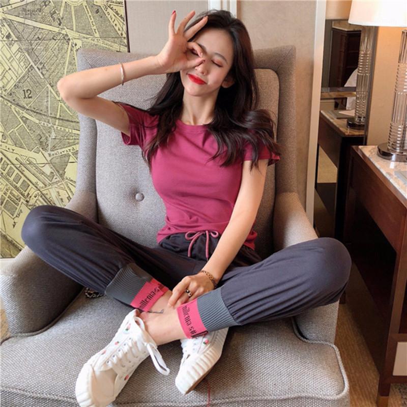 

Girl' Fashion Loose Sport Suit Female 2020 Student Western Style Two-piece Set Summer Breathable Sportswear1, Red top blue pants