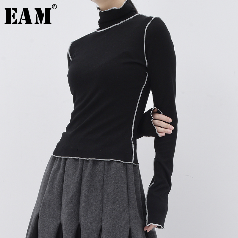 

[EAM] Women Black Line Split Joint Slim Leisure T-shirt New Turtleneck Long Sleeve Fashion Tide Spring Summer JE15501 201125