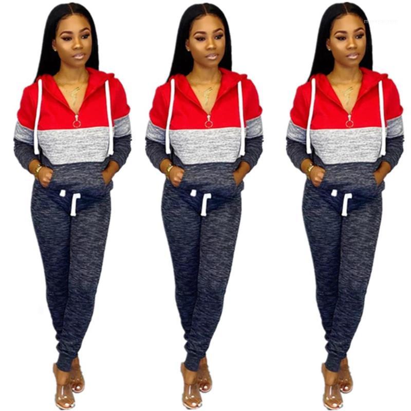 

2019 Sexy casual outfits tracksuit women patchwork two piece set top and pants autumn ensemble femme dos piezas1, Red