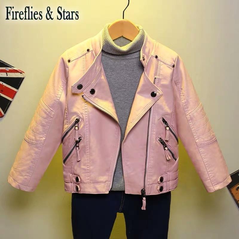 

Spring Autumn girls PU jacket baby coat children outwear kids streetwear clothes turn down collar medal snap zipper 2 to 14 yrs, Black