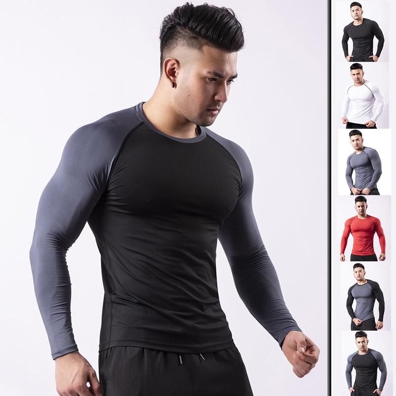 

New long sleeve quick drying t-shirt men's high elastic and breathable sports tights training basketball running fitness suit, Beige