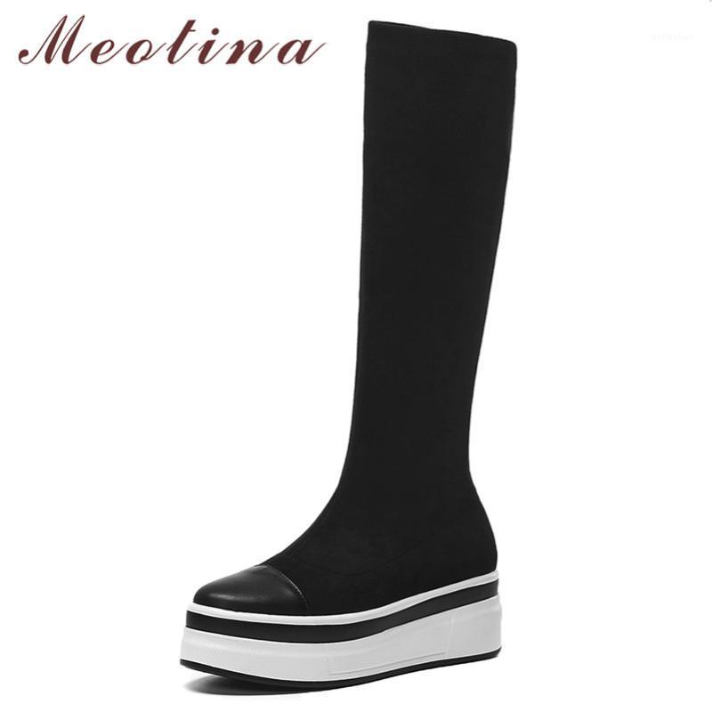 

Meotina Winter Knee High Boots Women Natural Genuine Leather Flat Platform Long Boots Slim Stretch Round Toe Shoes Lady Fall 391, Black synthetic lini