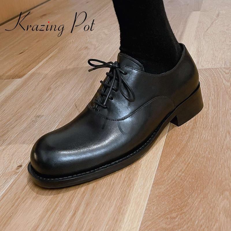 

Krazing pot genuine leather brand shoes round toe med heel British style young lady daily wear casual lace up women pumps L791, Black