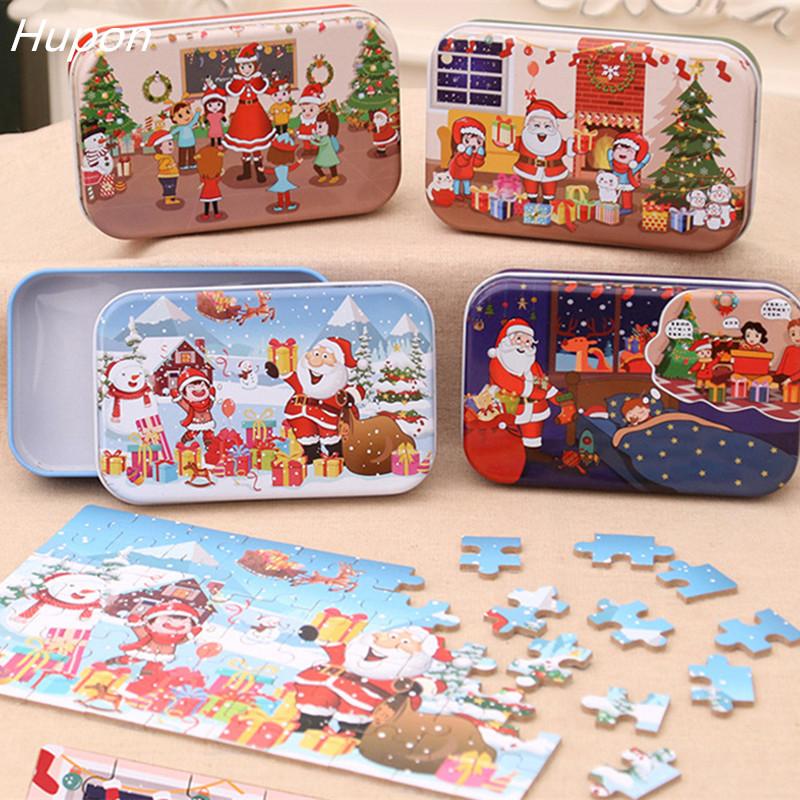 

60pcs DIY Wooden Puzzle Merry Christmas Santa Claus Toys Kids Gift Iron Box Educational Puzzles for Christmas Party Decorations