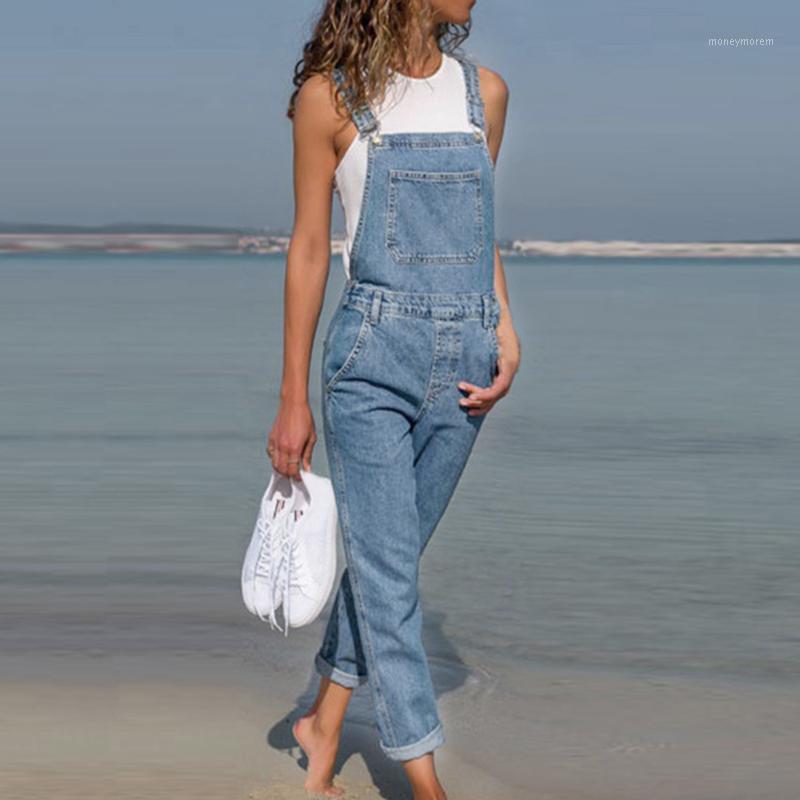 

2020 Fashion Florals Printing Women Jeans Autumn Straps Neck Light Washed Pockets Overalls Denim Pants Full Length1, Blue